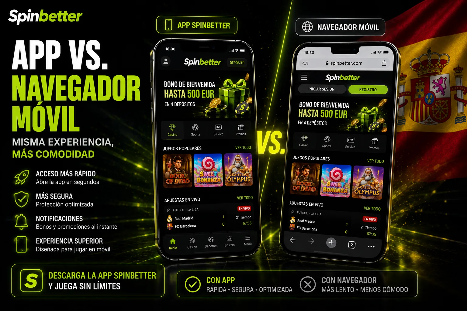 SpinBetter app frente al navegador móvil: catálogo, caja y promociones