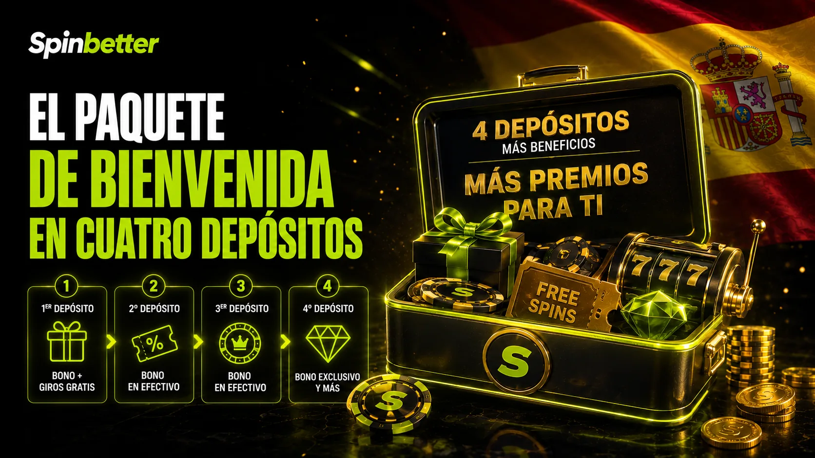 paquete de bienvenida SpinBetter repartido en cuatro depósitos